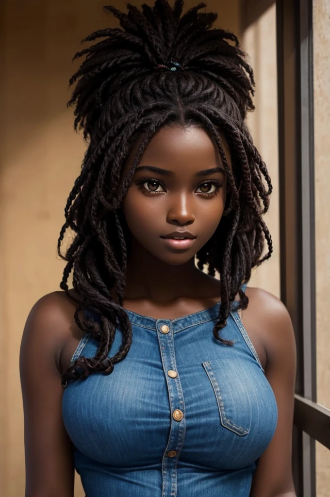 cute hair, African dark chocolate skin, teenager, beautiful face, deepest African ebony, showing big breasts, SFW, upper body focus, African bright hair  beauty 