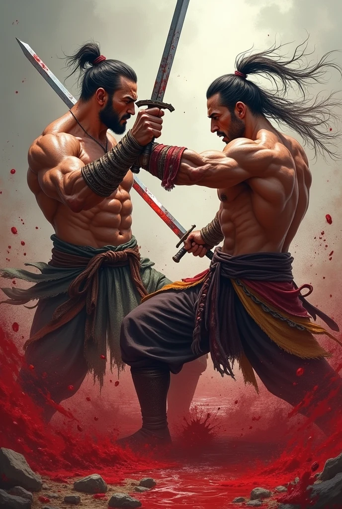 Two great warriors are fighting each other holding their swords ,great bodies with six pack muscular bodies and blood on their bodies ,in that area blood flows like small water river