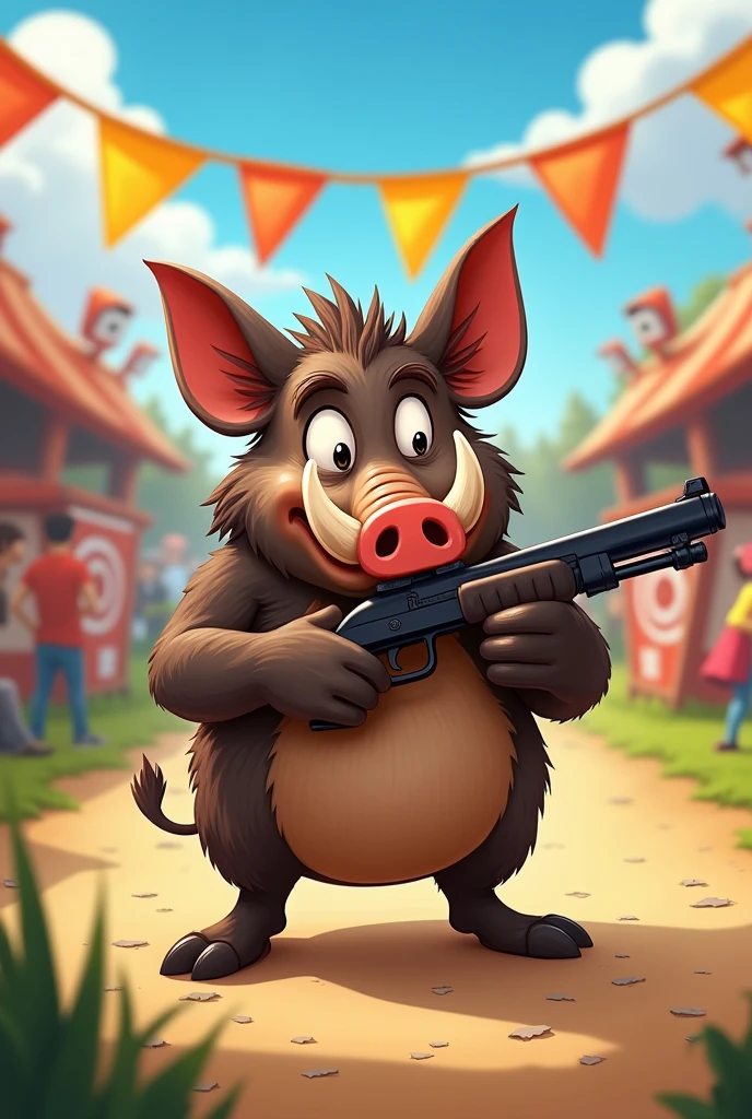 Sanglier toon, 3/4 face, concours de tir, pistolet,