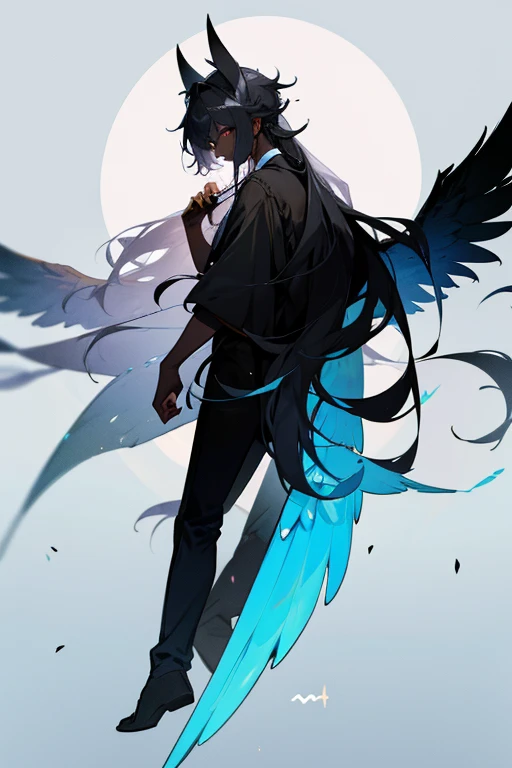 black skin, four wing ears covering the eyes on the head, and there is one eye on each of these wings. , his hairstyle is laid on his side and long hair on the back of his head, 1boy, full body