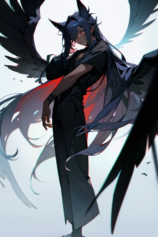 black skin, four wing ears covering the eyes on the head, and there is one eye on each of these wings. , his hairstyle is laid on his side and long hair on the back of his head, 1boy, full body