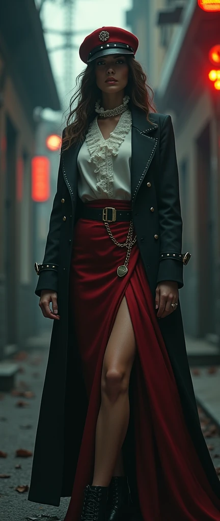 assertive female,Victorian skirt,high collar ruffle,wool felt pillbox hat,hip hop motifs,rap gestures,1girl,dramatic pose,moody lighting,dark shadows,cinematic angle,chiaroscuro,deep shadows,high contrast,dark and gritty,urban setting,edgy,dystopian,best quality,8k,masterpiece,photorealistic,unreal engine,cinematic lighting,intense colors,dramatic atmosphere