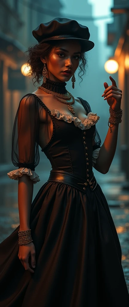 assertive female,Victorian skirt,high collar ruffle,wool felt pillbox hat,hip hop motifs,rap gestures,1girl,dramatic pose,moody lighting,dark shadows,cinematic angle,chiaroscuro,deep shadows,high contrast,dark and gritty,urban setting,edgy,dystopian,best quality,8k,masterpiece,photorealistic,unreal engine,cinematic lighting,intense colors,dramatic atmosphere