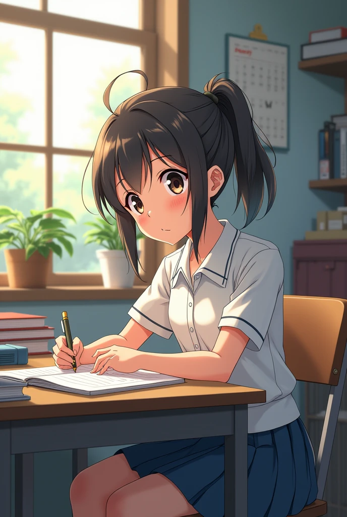 Cute anime girl, tits, no underwear, touching self, school girl, short skirt, nsfw, legs up, twin tails, dark hair