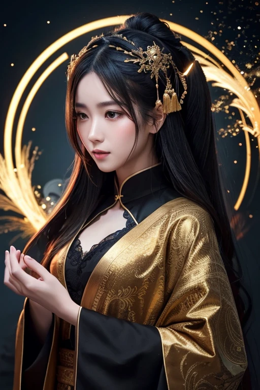 dressed in a traditional Chinese-style robe, primarily in deep black with intricate and mysterious golden patterns. The robe has a flowing, magical appearance, reminiscent of a wizard's cloak. The character's face is feminine and adorned with subtle yet elegant markings. The overall design exudes a sense of divine presence, combining elements of mystery, elegance, and a touch of otherworldly power. The character is depicted in a digital art style, with smooth shading and vibrant colors, enhancing the mystical and majestic atmosphere."