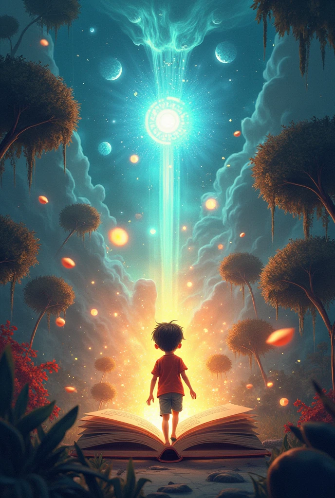 Boy takes the book, opens it, and suddenly, a bright light flashes. The atmosphere changes as if the book has transported him to another world