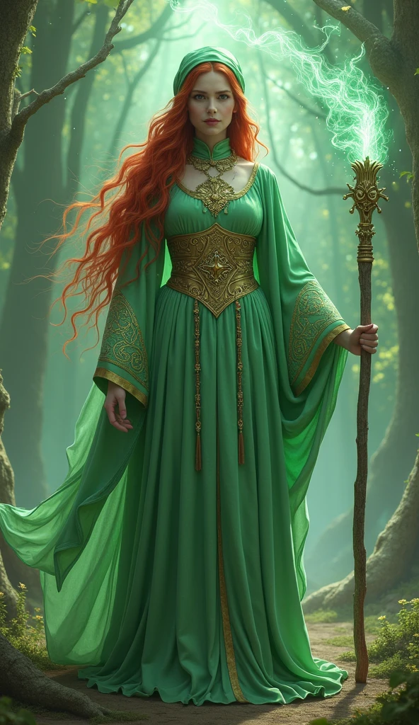 "A photo-realistic depiction of Seraphina. Full-body Seraphina exudes grace and power as her long red hair flows elegantly, contrasting with her vibrant green headcloth. She is dressed in a light green robe, embroidered with magical symbols on the sleeves, each thread shimmering with enchantment. In her hand, she wields a finely crafted staff, the tip glowing with a soft green light as she prepares to cast her ultimate spell, Ultima. The background is ethereal, with lush, enchanted forests and swirling magic, blending real-world scenery with otherworldly elements that highlight her connection to nature and her powerful summoning abilities."
