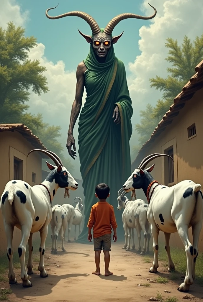 Image size (1536×1248) a boy on the street of village, around the boy have many goats, goats colour are white with black spots,a chudail standing in front of boy chudail wearing saree face of chudail very ugly