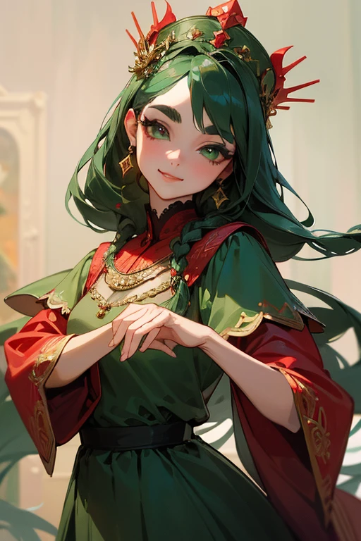 (Highest quality, masterpiece:1.2), High resolution, Very detailed, Realistic:1.37, Fantasy, An illustration, Green Eyes、Queen, Red lace dress.Platinum decoration、beautifully、Eyeshadow Red、Thick eyebrows、Long eyelashes、pupils are black、Her hair is dark green、Gold crown、Kissing Face、Embarrassing、Beloved by the crowd、Hair is green、Braiding、hair ornaments、((dance)).(Smile)、