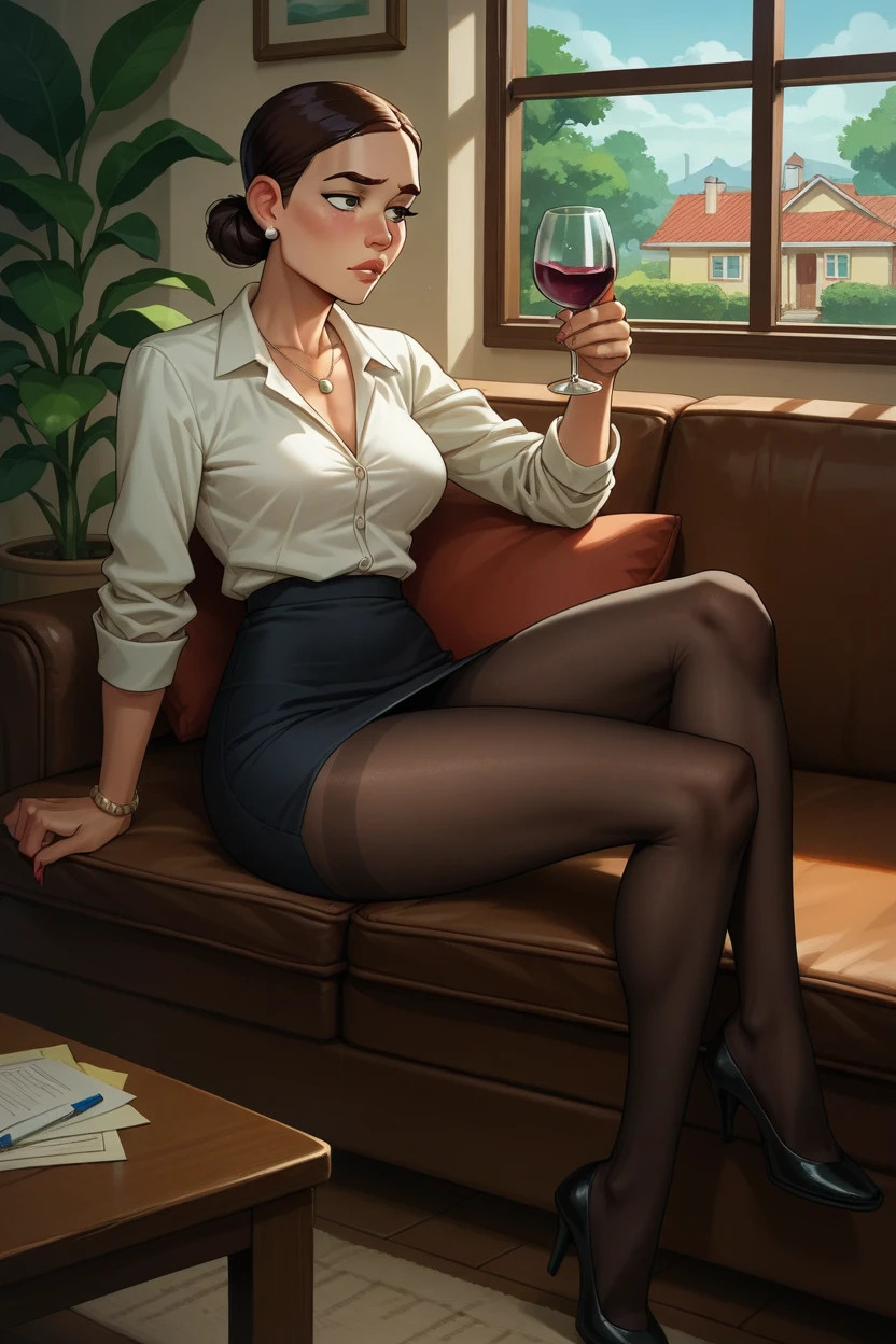 Debbie Grayson, sitting on the couch, sad, office clothes, crossing legs, sexy black panty, black thigh high pantyhose, Drinking wine, in a house.