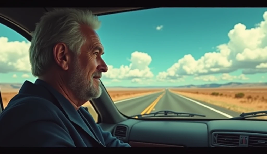 A cinematic representation of a man driving alone on a highway heading south, under a vibrant blue sky dotted with white clouds. The scene is captured in 4K resolution, with an emphasis on the realistic textures of the car and the environment. The camera uses a wide-angle lens to capture the vastness of the road and the sky, slowly shifting focus to the man’s thoughtful expression. Image clarity is enhanced to bring out the minute details, and a smooth tracking shot is employed to maintain the dynamic movement of the scene.