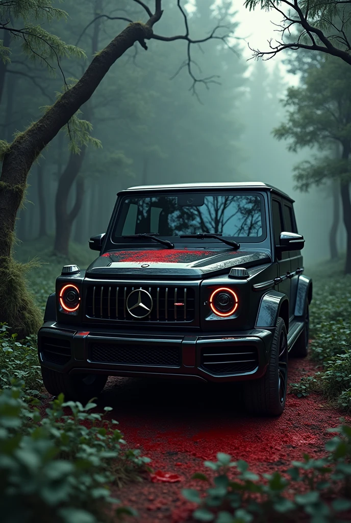 A mafia with black g wagon in forest raning and red blood on the car