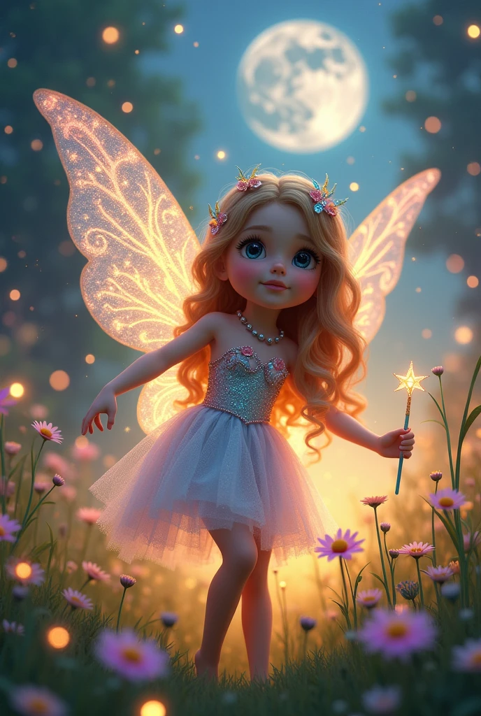 A young and innocent girl with butterfly wings stands in the middle of an enchanted meadow, surrounded by vibrant, glowing flowers and fluttering fireflies. She wears a glittery, pastel-colored dress that shimmers in the soft, magical light. The dress is adorned with delicate floral patterns, and her butterfly wings are translucent with iridescent hues, fluttering gently behind her. Her long, curly hair cascades down her back, adorned with tiny blossoms and sparkling beads. She holds a small, glowing wand in her hand, her wide, curious eyes filled with wonder as she gazes at the beauty around her.

The background features a dreamy meadow under a twilight sky, with the moon casting a gentle glow over the landscape. The air is filled with the soft hum of nature and the distant sound of a babbling brook. The lighting is warm and soft, creating a serene and magical atmosphere that highlights her innocent charm and the delicate beauty of her costume. The overall composition captures the essence of a gentle, playful fairy exploring a world of wonder, exuding purity and enchantment in the glowing meadow. (((butterfly wings))), (((glittery costume))), (((innocent expression))), (((curly hair))), (((pastel colors))), (((glowing wand))), (((sparkling beads)))