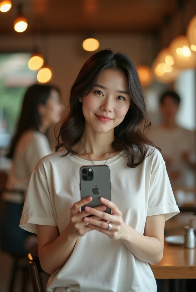 Japanese women、cafe shop、Selfie、iPhone、fair skin、Big Breasts、single eyelid、Year: 35、Moderate、T-shirt、wedding ring、myself reflected in the mirror