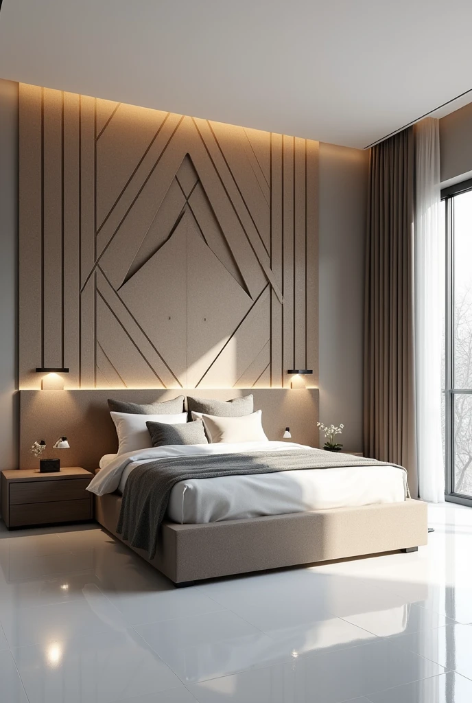 Modern bedroom design with white floor and broad complex backborad
More unique