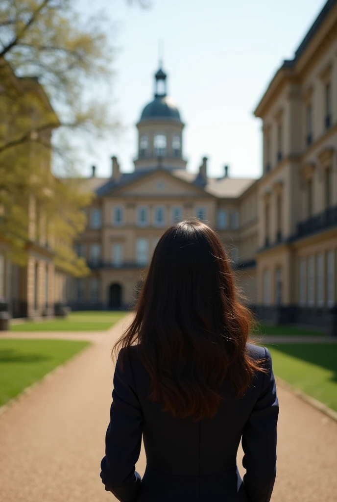 Panoramic photo of English style learning institute, from behind a young woman in an elegant high-class uniform, very long waist-length dark brown hair, brown skin, latina seaArt style