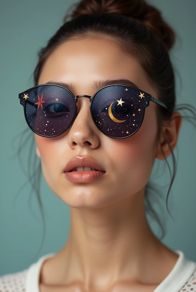 The model is wearing glass sunglasses with stars and the moon on the glass