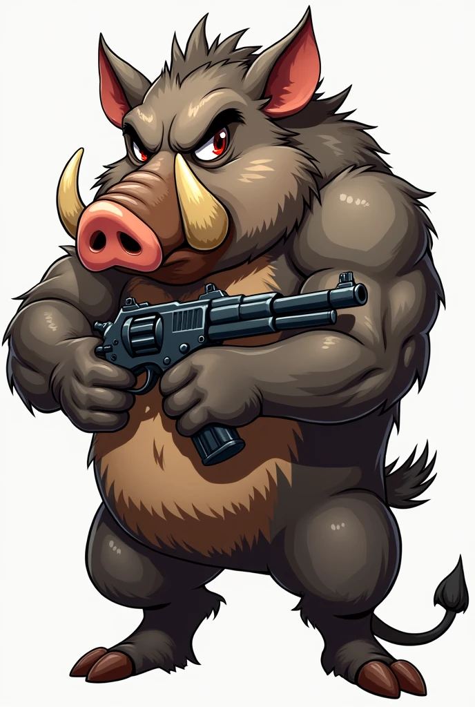 Boar toon, 3/4 face, irritated ,gun,