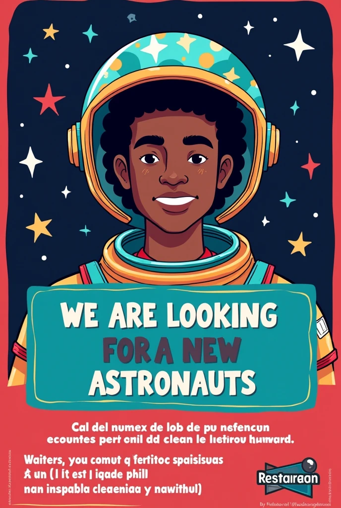 Can you generate a poster in Spanish for me to hire employees from a restaurant called "Moon"?
I need you to say the message of, "We are looking for new astronauts" 
And below it says that waiters are wanted, cleaning assistants.
Call 9511349374 And an astronaut without a helmet attending that he is a black male person with curls and a cap of many colors attending