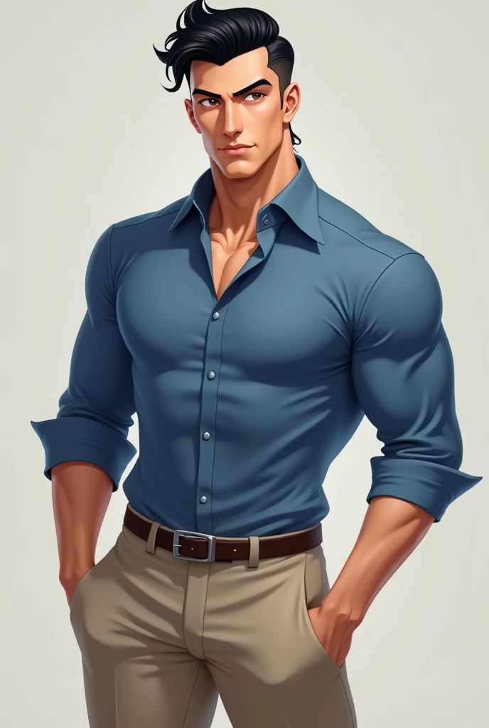 I want to create a character that looks like me, an athletic white male, slicked black hair, cut in a gradient style on one side and scissors on top, very short pompadour hair, and that this character is a person who wears formal clothing, blue dress shirt and beige pants, the character's eyes are honey colored eyes, the shade is a very light brown, almost white