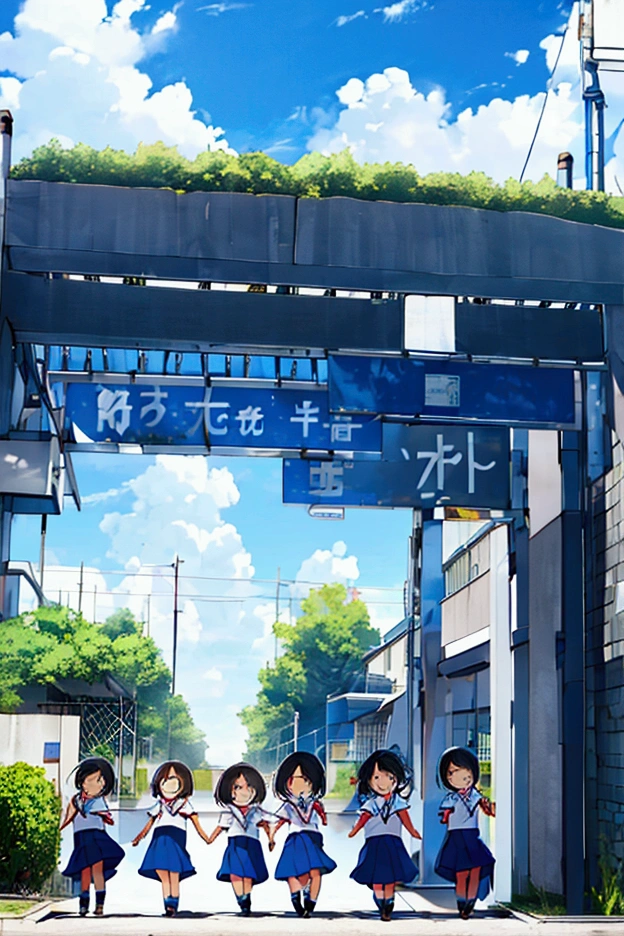 A group of cute primary school students walked into the school gate, the school gate,looking happily and firmly above, blue sky and white clouds in the background, depth of field effect, soft light, vibrant colors, relaxed atmosphere, fresh tones, high quality, 8k