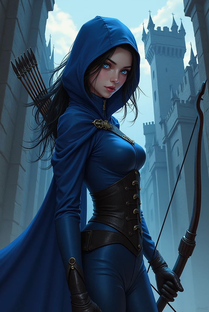 The spy girl, bow and arrows, blue suit, Leather corset, leather gloves, Hood, Leather belt, Blue eyes, anime drawing, digital drawing, dark drawing, dark castle background, Middle Ages, intrigue