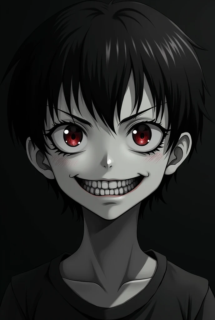 Black and white creepy anime boy with black sclera and red pupil and a creepy smile