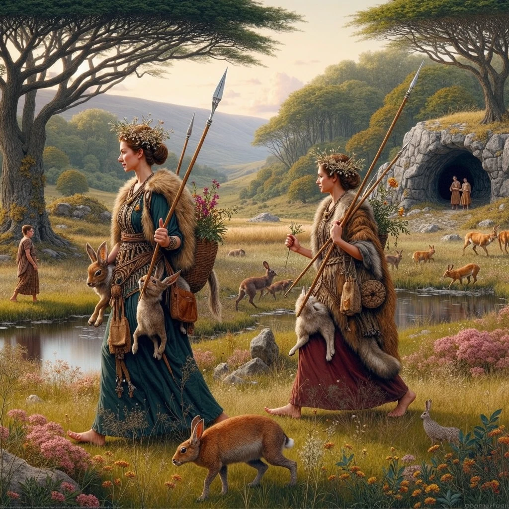 a detailed and intricate cinematic Neolithic world scene with historically accurate clothing and accessories for the two Neolithic women. They walk confidently in a flowery meadow, spears in hand, carrying hunted hares with detailed faces, rabbits and salmons on their back. The ancient trees, hidden cave, small stream, distant mountains, and reflections in the water complete the realism of the painting.