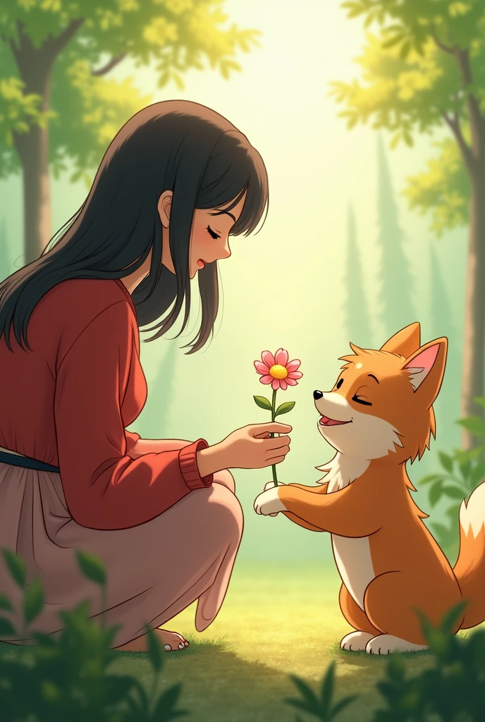 Ling thanks Mochi with the flower
- Ling offering the rare flower to Mochi, who accepts it with a gentle nod, in a heartwarming moment of friendship.