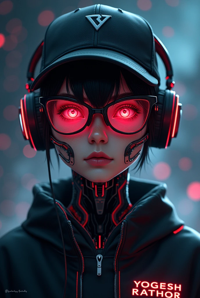 A highly detailed 18 -year young boy cyborg, with a focus from the shoulders up, looking face to face the camera. The cyborg should have a futuristic and sleek appear, and neon glowing cybernetic implants. Include cyberpunk technology elements, such as cyberpunk-style glasses and headphones. His eyes should be red glowing and enigmatic, with an expression suggesting contemplation or curiosity. The background should be a dark cosmic setting with a cinematic and professional style, incorporating deep space elements like stars and nebulae. The transition between the cyborg's technology and the cosmic background should be smooth and harmonious, creating a striking and immersive visual contrast, the boy wearing black cap, YOGESH RATHOR name on the jaket
