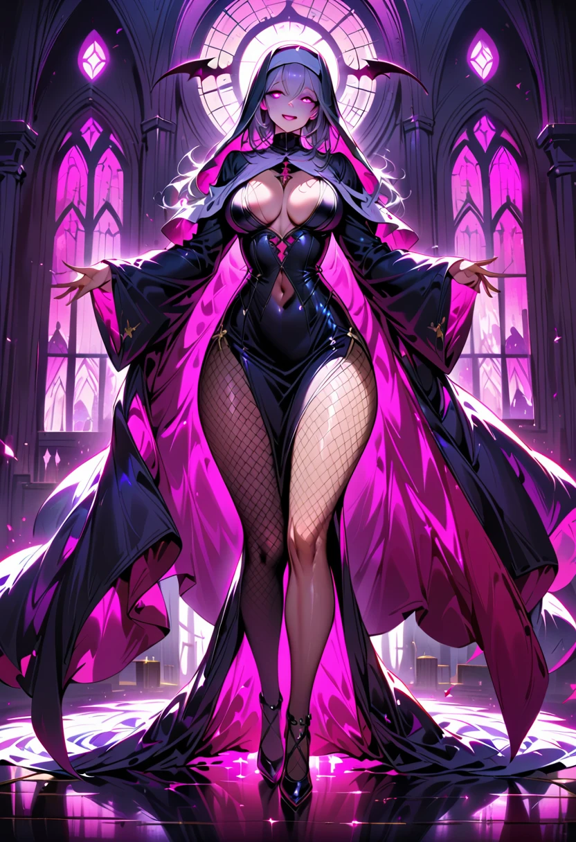 1 mature woman,(Highest quality,Extremely detailed depiction,Incredibly absurd high resolution,Anatomically accurate depiction,Curvy Legs,Shiny skin,Porcelain-like skin,Perfect body),(Succubus disguised as a nun,Intricately crafted robes,Fishnet tights),eyelash,(Glowing purple eyes,Crazy Eyes,Eyes half closed:1.5,There is cleavage in the chest,Wicked Smile,Glossy Red Lips,Seductive gestures),whole body,background:Chapel,Pink light