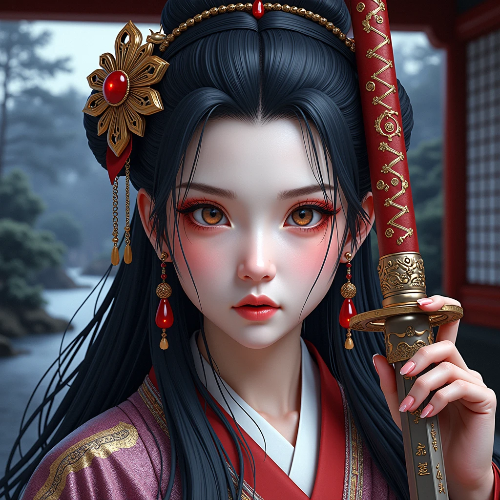 Create a photorealistic full-body image of a female character inspired by the medicine seller from 'Mononoke' in the 'Karakasa' arc, as if it were from a live-action adaptation. She has long, flowing black hair styled elegantly, and her face is adorned with traditional geisha-style makeup. Include the same sharp, artistic orange eye makeup with small red gems near the eyes, and a delicate pink lip color. She is holding a sword inspired by the Taima sword from a specific reference image, with intricate designs and a demonic face on the hilt. The woman is dressed in a traditional yet intricately designed kimono with rich, textured fabrics, blending deep reds, purples, and golds. The background depicts a traditional Japanese setting with a supernatural atmosphere, such as a haunted temple or a misty forest. The overall mood should be mysterious and eerie, capturing the full essence of the character in her environment.