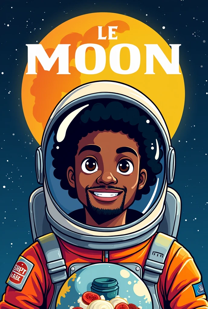 Can you generate a poster in Spanish for me to hire employees from a restaurant called "Moon"?
I need you to say the message of, "We are looking for new astronauts" 
And below it says that waiters are wanted, cleaning assistants.
Call 9511349374 And an astronaut without a helmet attending that he is a black male person with curls and a cap of many colors attending