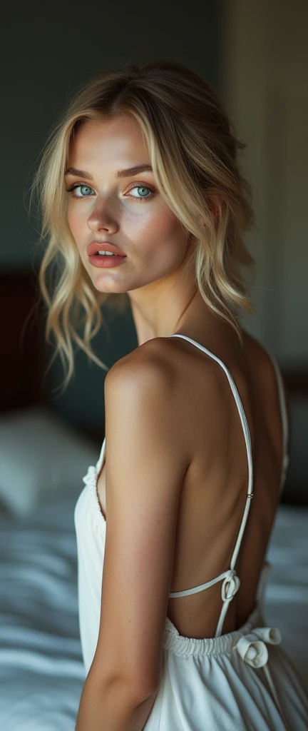 (Photorealsitic:1.4), (​masterpiece:1.3), (top-quality:1.4), ((ultrarealistic)), HD 8k, well proportioned full slim tonned body of ((innocent and little 30 years woman) , woman with bright expression, extremely beautiful, amazing beautiful, extraordinary beautiful, Detailed cute femenine and beautiful face, beautiful big almond blue eyes, Detailed facial features , (Sharp focus: 1.2）, (Focus on the face:1.2),Perfect Style, Beautiful Face, Acura, Anatomically correct, Highly detailed face and skin texture, Beautiful Eyes,Beautiful Eyes, Natural Cheeks, Glowing Skin, Fair skin: 1.2, (Glossy Lips: 1.4), elegant stylish  blonde hair, perky small elegant nose, full red lips, extremely detailed eyes and face, long eyelashes, elegant lady, graceful pose, Glowing white shiny skin, subtle makeup, extremely pale woman, extremely pale skin, extremely  beautyful legs, tonned legs, nice perky ass, (cozy night bedroom), alternative vibe,vibrant lighting, high contrast,dramatic shadows,highly detailed,detailed skin,depth of field,dynamic angle,glimucent plane white  flimsy nightshirt, film grain, woman in flimsy nightshirt, full body view, full standing at side of  bed view, desire look,   (complete full body view), detailed skin, woman in flimsy nightshirt, detailed high heels