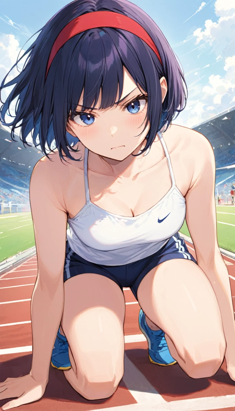 Track and Field、Black short bob、Red headband、White camisole、Dark blue shorts、Serious expression、Crouching Start