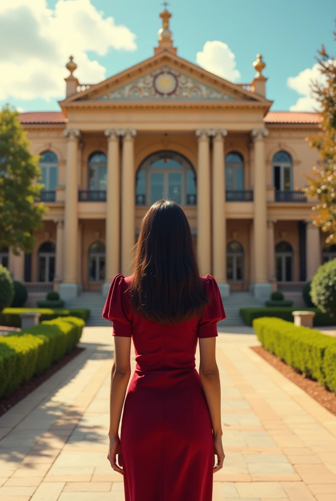 Panoramic photo of learning institute , from behind a young woman in an elegant high-class uniform, very long waist-length dark brown hair, brown skin, latina seaArt style