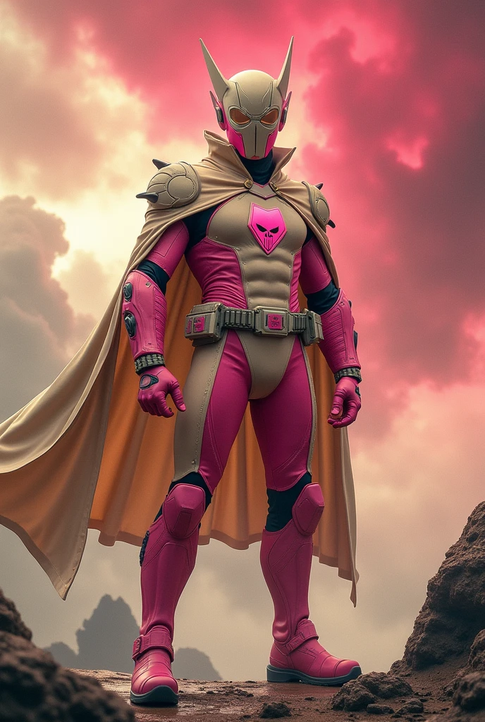 high-tech suit, posterize effects, malaysian superhero (KELUANG MAN) in a striking pink and biege costume stands confidently in a dramatic, stormy landscape. The character wears domino mask beige a helmet beige with pointed ears beige and a flowing cape beige color. Pink jumpsuit cyberpunk concept.. Equipped with beige visible futuristic weapons on a belt, they exude a powerful presence against a backdrop of swirling clouds and a red hue sky. The ground is uneven and rocky, adding to the intense atmosphere. Triangle shape logo on chest. Logo punisher on chest pink color.. --ar 3:4 --style raw --stylize 500 --v 6.1. red pink and beige costume,