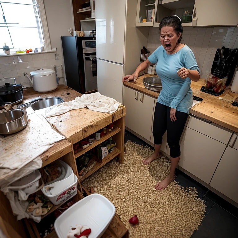 A group of mice swarms a Malay woman as she cooks in the kitchen. The woman screams in fear, startled by the sudden attack of the mice as they scurry around the kitchen floor