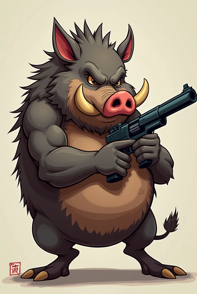 Boar toon, 3/4 face, irritated ,gun,