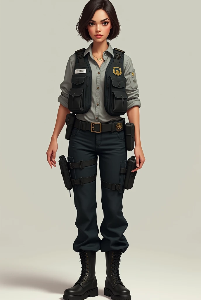 Create the image of a woman of average height, with an energetic and determined presence. She has dark brown hair, smooth that keeps in a practical cut. His eyes are brown and intense, reflecting your concentration and empathy. Julia prefers comfortable and functional clothes, like black tactical pants and button-down shirts, on her feet she normally wears boots, and I also have a small gold necklace in the shape of a crescent moon with a small crystal inside. besides always wearing a police vest. Make her realistic and full body.