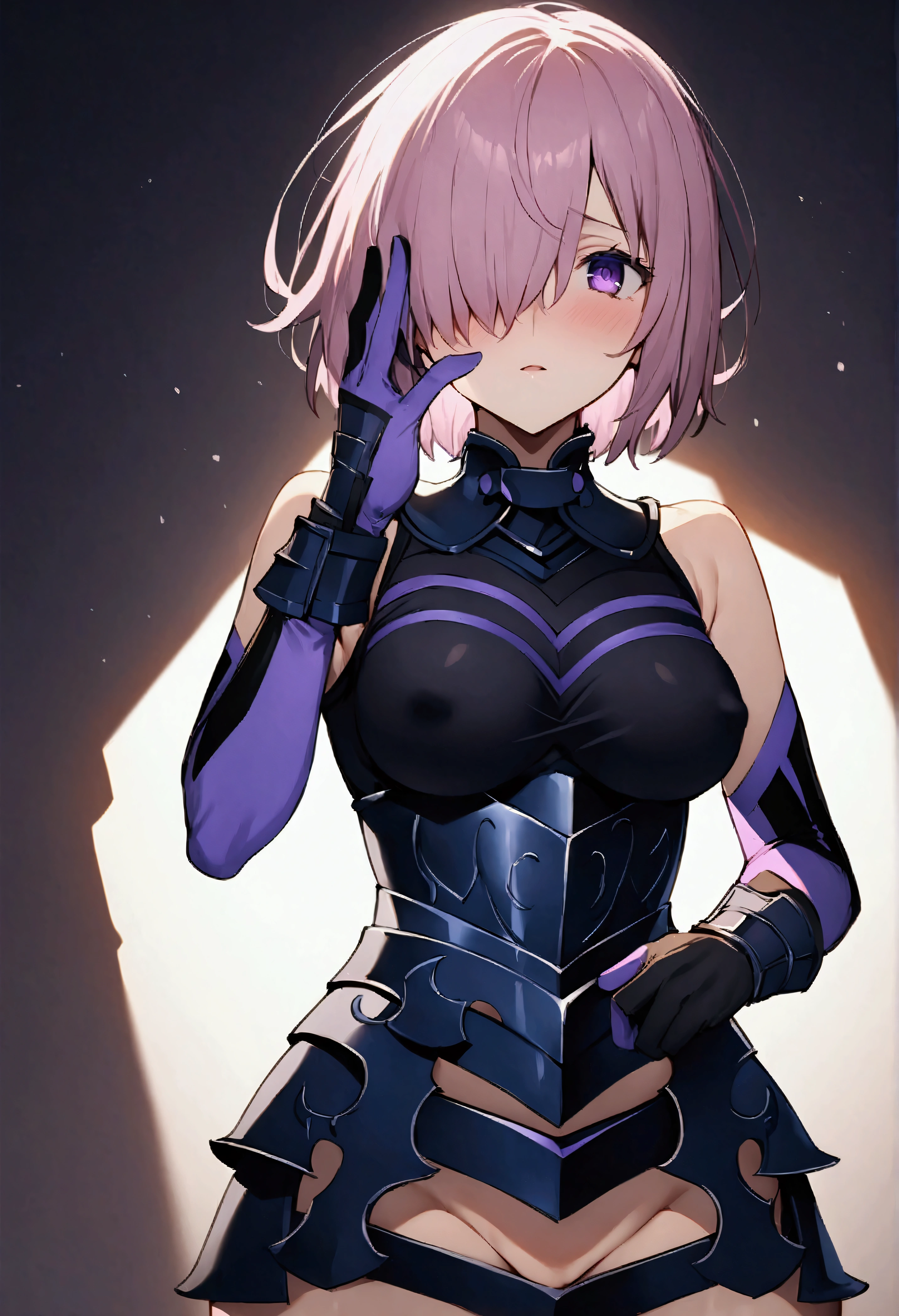 NSFW,masterpiece,Highest quality,High resolution,Very detailed,Mash Kyrielight\(Fate/grandorder\),short hair、Purple Eyes、Pink Hair、Hair covering one eye,gloves、Shoulder Bare、肘掛けgloves、armor、黒いarmor