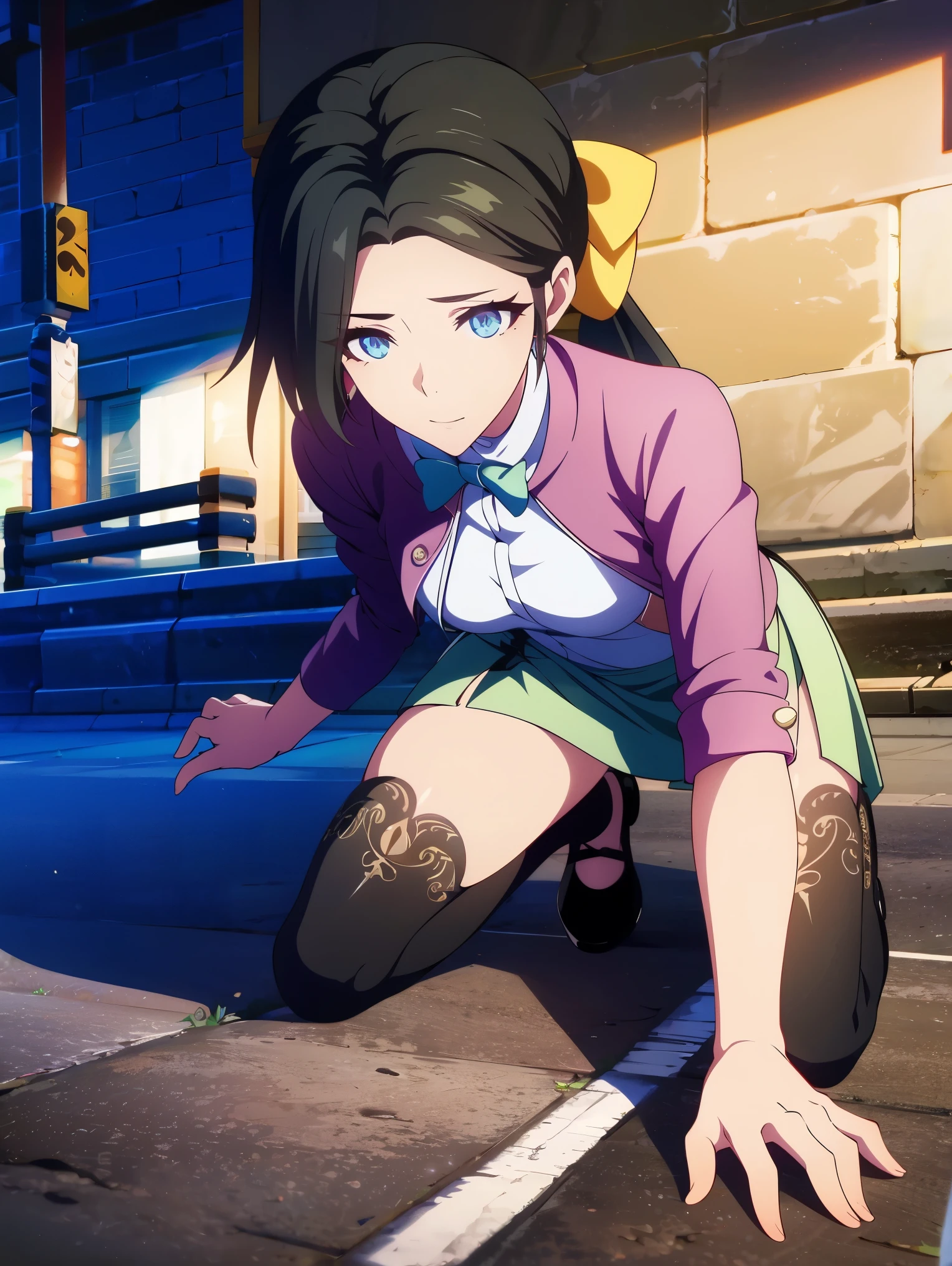 deep skin,textured skin, long hair, black hair, blue eyes, ponytail, highres:1.0), haruhiko_ichijou, makeup, purple lipstick, purple eyeshadow,
BREAK (green bow, jacket, long sleeves, blue skirt, side slit, thighhighs:1.2),
BREAK thin legs, tight skirts, knees at 90 degrees, heels on the ground on, hands in front of my feet, hugging my legs, kneeling down, sidewalk,
BREAK (masterpiece:1.2), best quality, high resolution, unity 8k wallpaper, (illustration:0.8), (beautiful detailed eyes:1.6), extremely detailed face, perfect lighting, extremely detailed CG, (perfect hands, perfect anatomy),