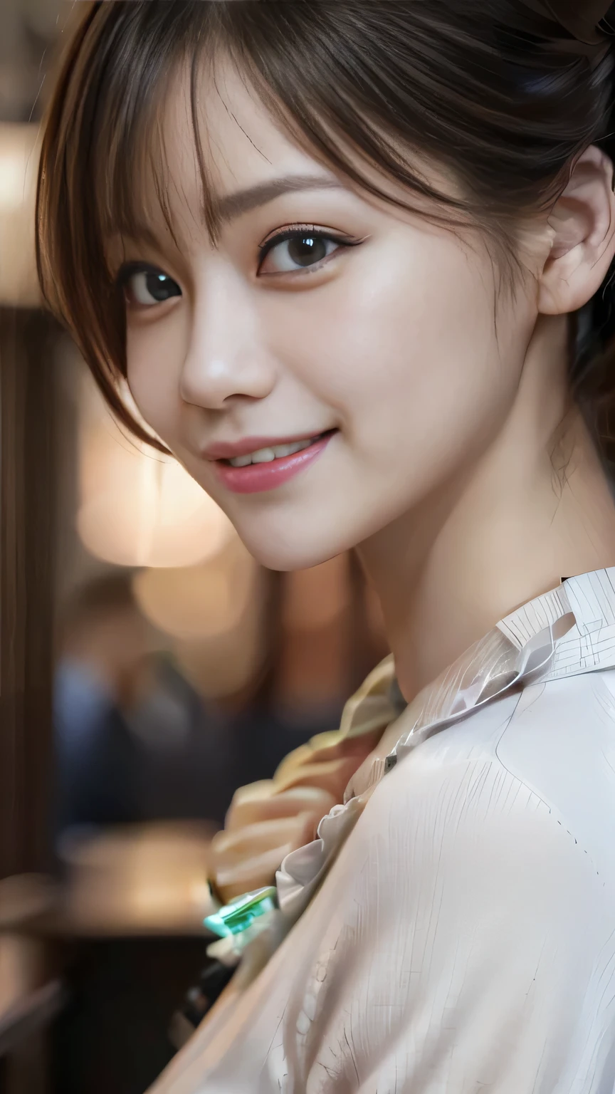 (8k, Highest quality, Genuine、 Ultra-high resolution:1.5),Beautiful Japanese Woman, ((Cute Smile)),（Updo）, (big collar shirt), Profile of a person peering into the photo, Close-up shot of face、