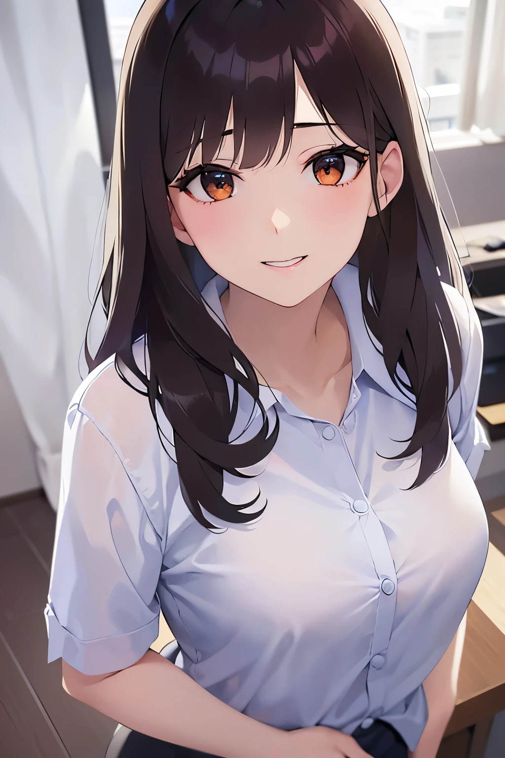 looking up, Shooting from above、hand on own chin, Biologically correct five fingers、Upper Body, Realistic, real person, (pale skin: 1.2), RAW photo, photorealistic, shiny skin, shiny hair、(A 2 woman with medium-length hair and bangs) and (wavy hair) and (brown hair) and (orange eyes) , White collared shirt、smile, Background is an office room、Alone、Are standing