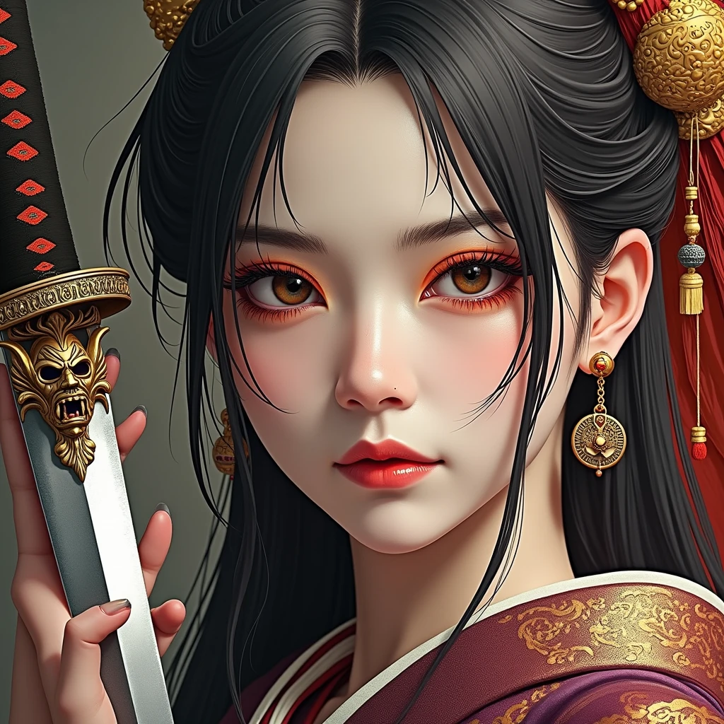 Create a photorealistic half-body image of a female character inspired by the medicine seller from 'Mononoke' in the 'Karakasa' arc, as if it were from a live-action adaptation. She has long, flowing black hair styled elegantly, and her face is adorned with traditional geisha-style makeup. Include the same sharp, artistic orange eye makeup with small red gems near the eyes, and a delicate pink lip color. She is holding a sword inspired by the Taima sword from a specific reference image, with intricate designs and a demonic face on the hilt. The woman is dressed in a traditional yet intricately designed kimono with rich, textured fabrics, blending deep reds, purples, and golds. The background depicts a traditional Japanese setting with a supernatural atmosphere, such as a haunted temple or a misty forest. The overall mood should be mysterious and eerie.