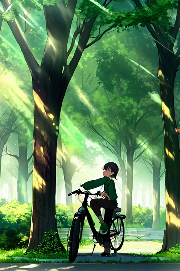 There are a few bicycles parked under the big trees along the city roadside, and the sunlight shines through the leaves on the ground, dappling the light and shadows, creating a feeling of summer, overall green theme to add a sense of haze, pencil drawing style
