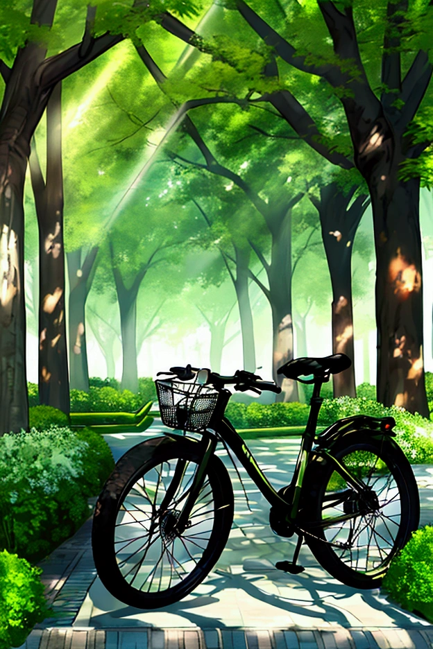 There are a few bicycles parked under the big trees along the city roadside, and the sunlight shines through the leaves on the ground, dappling the light and shadows, creating a feeling of summer, overall green theme to add a sense of haze, pencil drawing style
