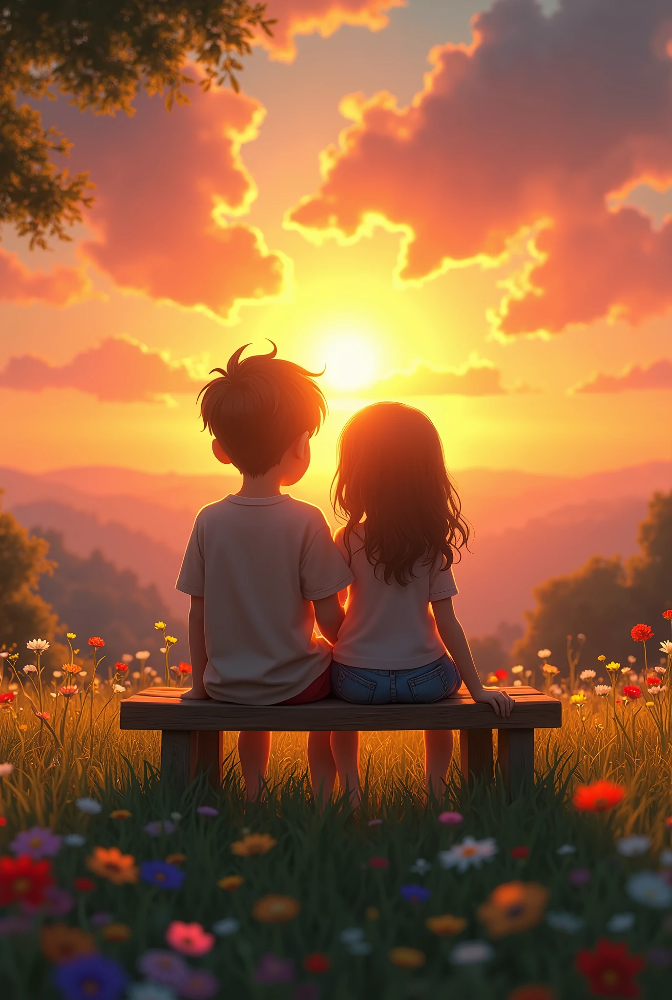 A boy and a girl sitting together on a bench. A bench is on the grass and grass is covered with beautiful colourful flowers. A boy and a girl saw sun setting