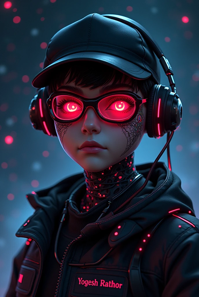 A highly detailed 20 -year young boy cyborg, with a focus from the shoulders up, looking face to face the camera. The cyborg should have a futuristic and sleek appear, and neon glowing cybernetic implants. Include cyberpunk technology elements, such as cyberpunk-style glasses and headphones. His eyes should be red glowing and enigmatic, with an expression suggesting contemplation or curiosity. The background should be a dark cosmic setting with a cinematic and professional style, incorporating deep space elements like stars and nebulae. The transition between the cyborg's technology and the cosmic background should be smooth and harmonious, creating a striking and immersive visual contrast, the boy wearing black cap, YOGESH RATHOR name on the jaket