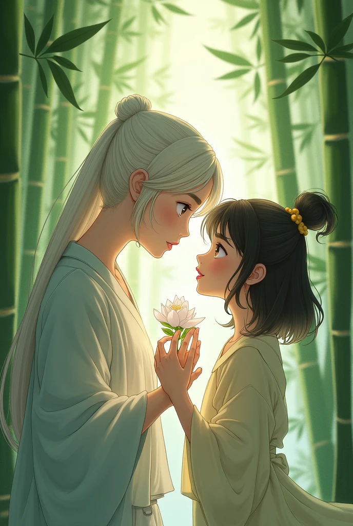Mochi shares the flower's secret
- Mochi and Ling sitting together, surrounded by bamboo, with Mochi whispering the flower's secret to Ling, who listens with wide eyes.
